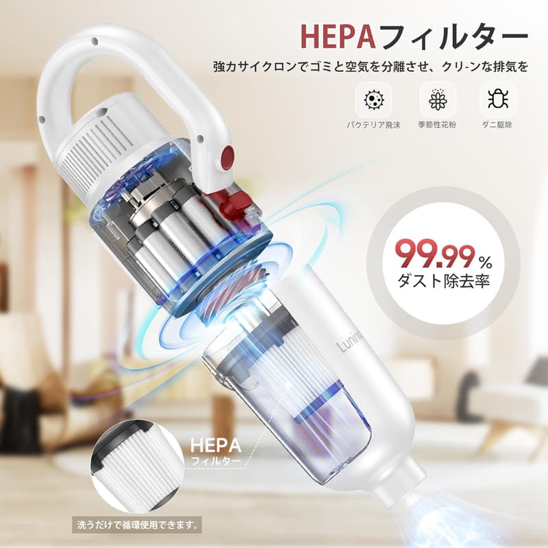 敬老の日プレゼント LUNINO コード式サイクロン2WAYスティッククリーナー 35000Pa強力吸引・軽量1.2kg HEPAフィルター 日本PSE認証 (ホワイト)