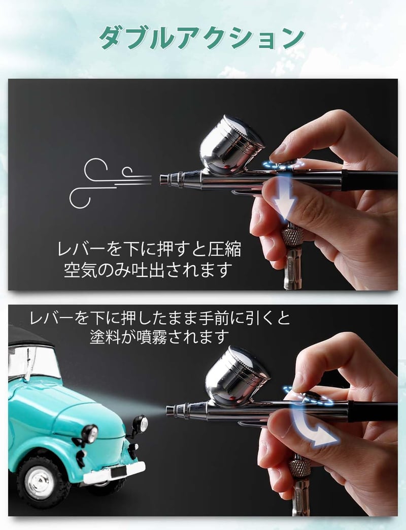 エアブラシセット 初心者向け ミニコンプレッサー 無段階圧力調整 0.2/0.3/0.5mmノズル 36PSI
