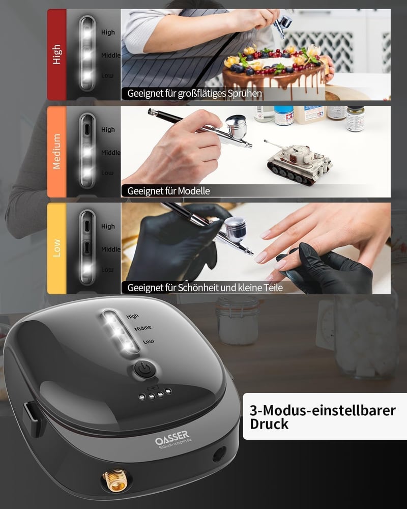 初心者向けダブルアクションエアブラシセット ブラック 充電式ミニコンプレッサー付き