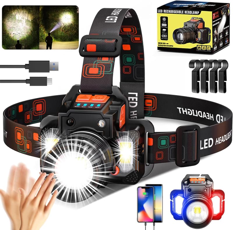 USB充電式LEDヘッドライト 3000ルーメン 高輝度 人感センサー付き 防水機能 アウトドア・防災用