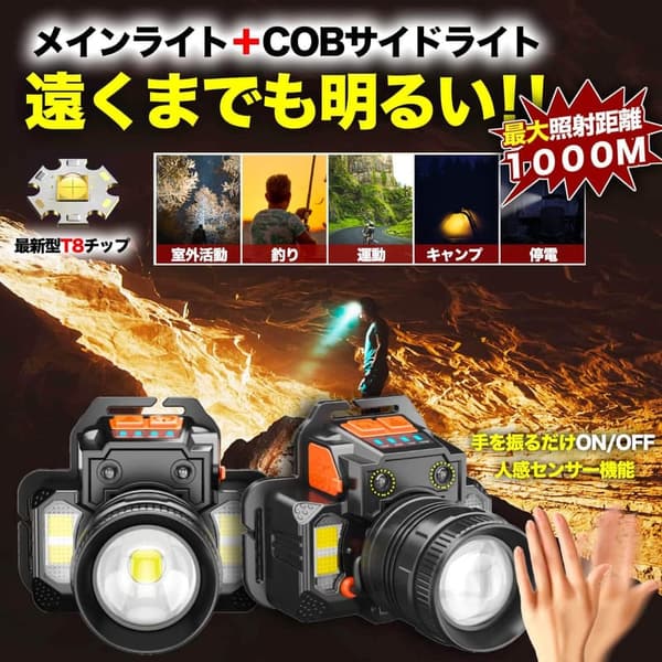 USB充電式LEDヘッドライト 3000ルーメン 高輝度 人感センサー付き 防水機能 アウトドア・防災用
