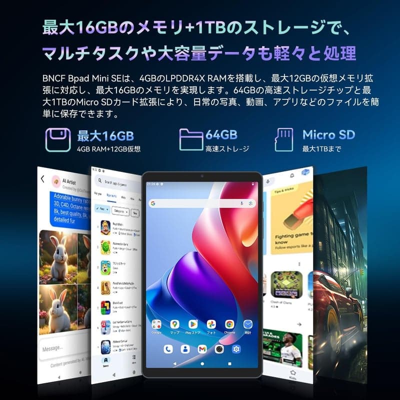 SIMフリー8インチタブレット BNCF Bpad Mini SE Android 15モデル 16GB+64GB+1TB拡張対応 90Hz IPSディスプレイ 4G LTE+GPS+Wi-Fi+BT5.0