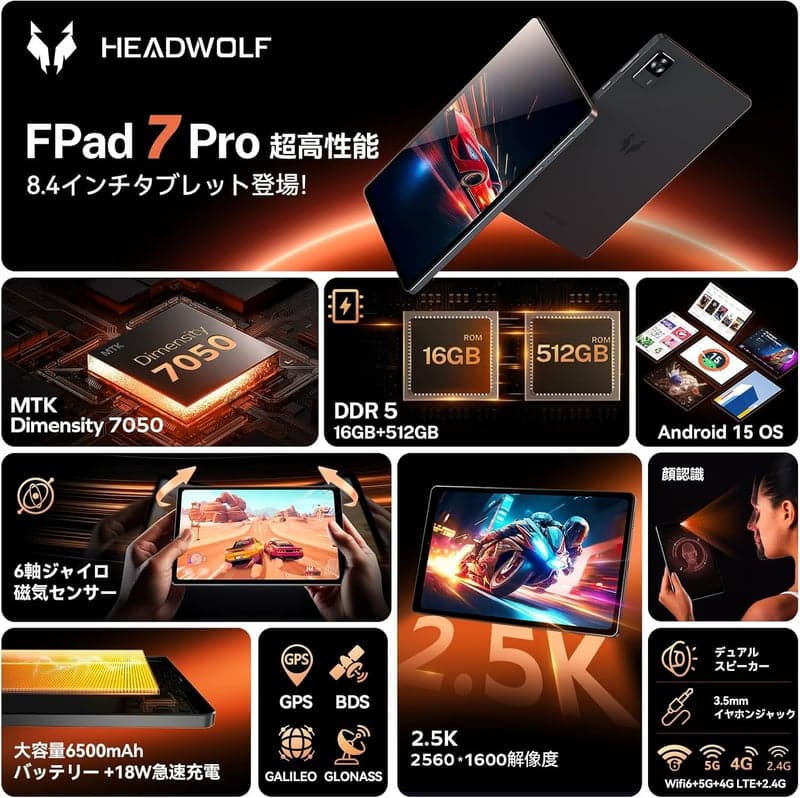 【SIMフリー8インチタブレット Android 15 2560x1600 16GB/512GB】Headwolf FPad7 Pro