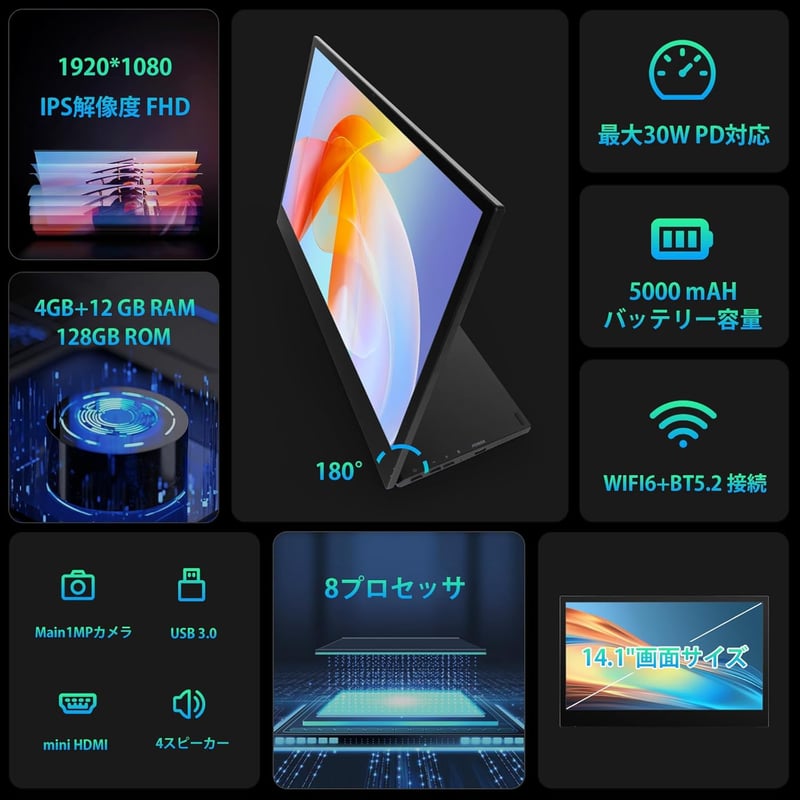 14インチ Android 14 タブレット - HiGrace 16GB/128GB/1TB TF拡張、5000mAhバッテリー、Wi-Fi 6/Bluetooth 5.2、FHD IPS ディスプレイ、8コアCPU、4スピーカー搭載