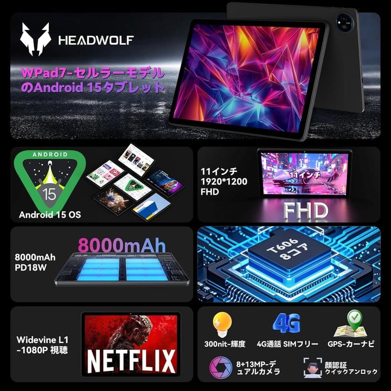 SIMフリー 11インチ Android 15 タブレット「Headwolf WPad7」 8コアCPU・14GB RAM・128GB ROM・8000mAhバッテリー・4G LTE対応