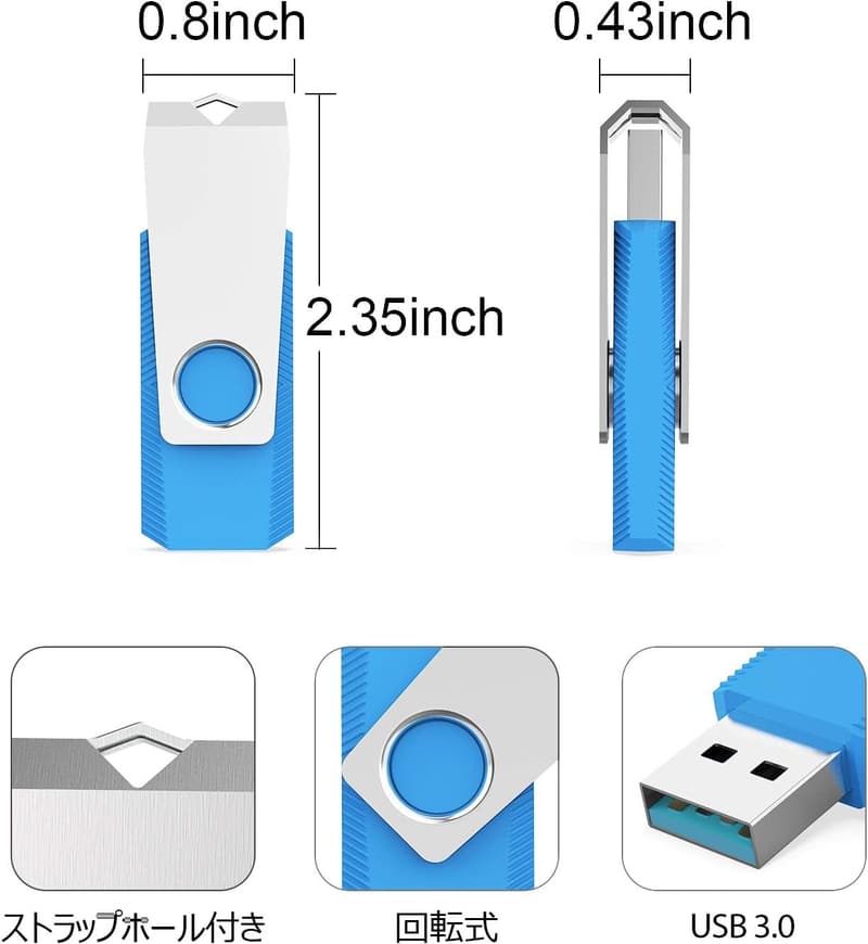 超高速32GB USB3.0フラッシュドライブ5個セット（回転式・カラフル）