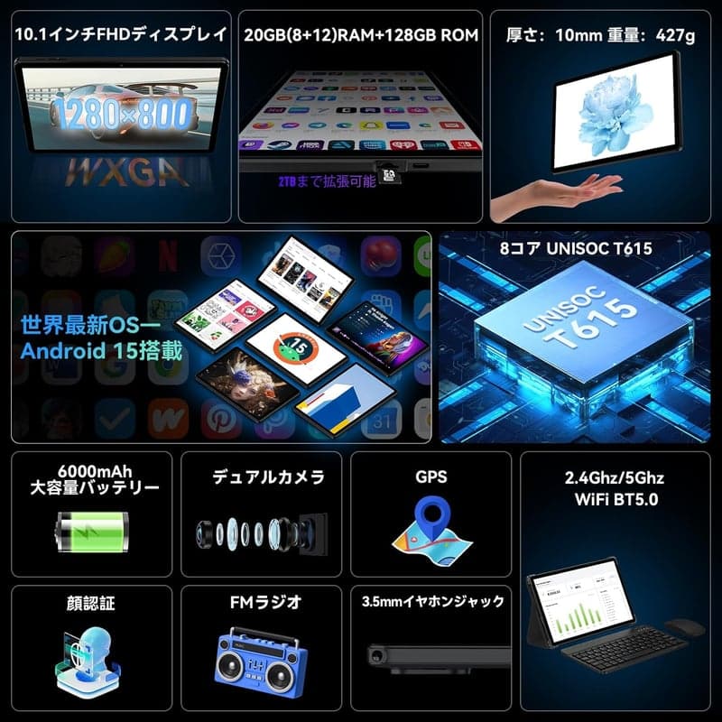 Alphawolf LPad2S Android 15 タブレット 10インチ Wi-Fi 20GB+128GB 6000mAh 8コアCPU GPS+顔認識+BT5.0