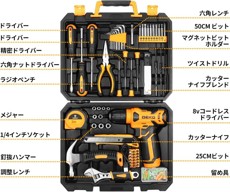 126点組 ホームツールセット 【8V電動ドリル付き】 DIY・修理道具 集合 便利収納ケース付
