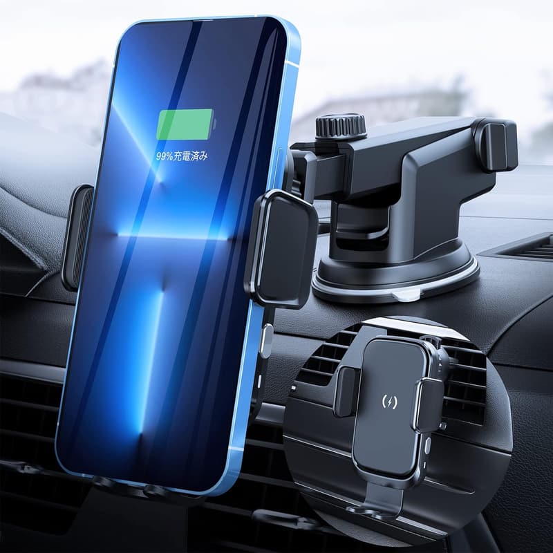 車載ワイヤレス充電器 15W 自動開閉スマホホルダー エアコン吹き出し口用 360度回転対応 日本語説明書付き