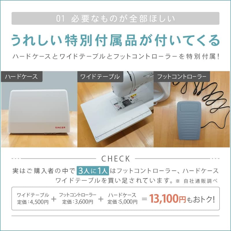 自動糸通し機能付きコンピュータミシン SN-21 ワイドテーブル・フットコントローラー・ハードケース付