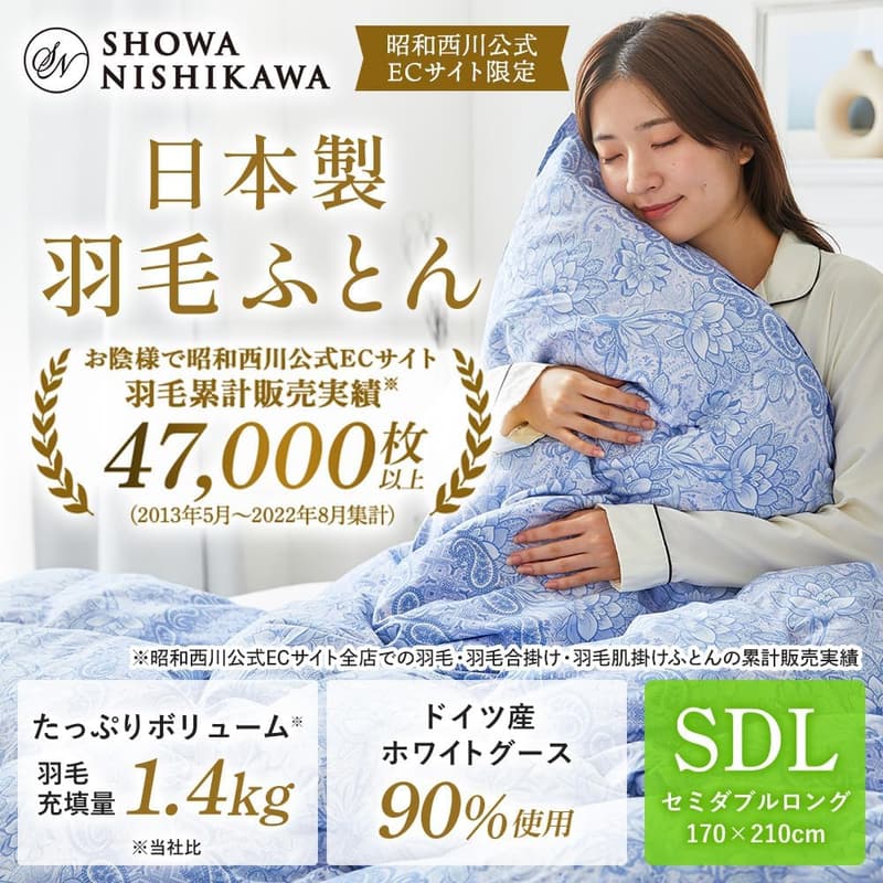 日本製 セミダブル 羽毛布団 ドイツ産ホワイトグース90％使用 抗菌防臭 ダウンパワー380