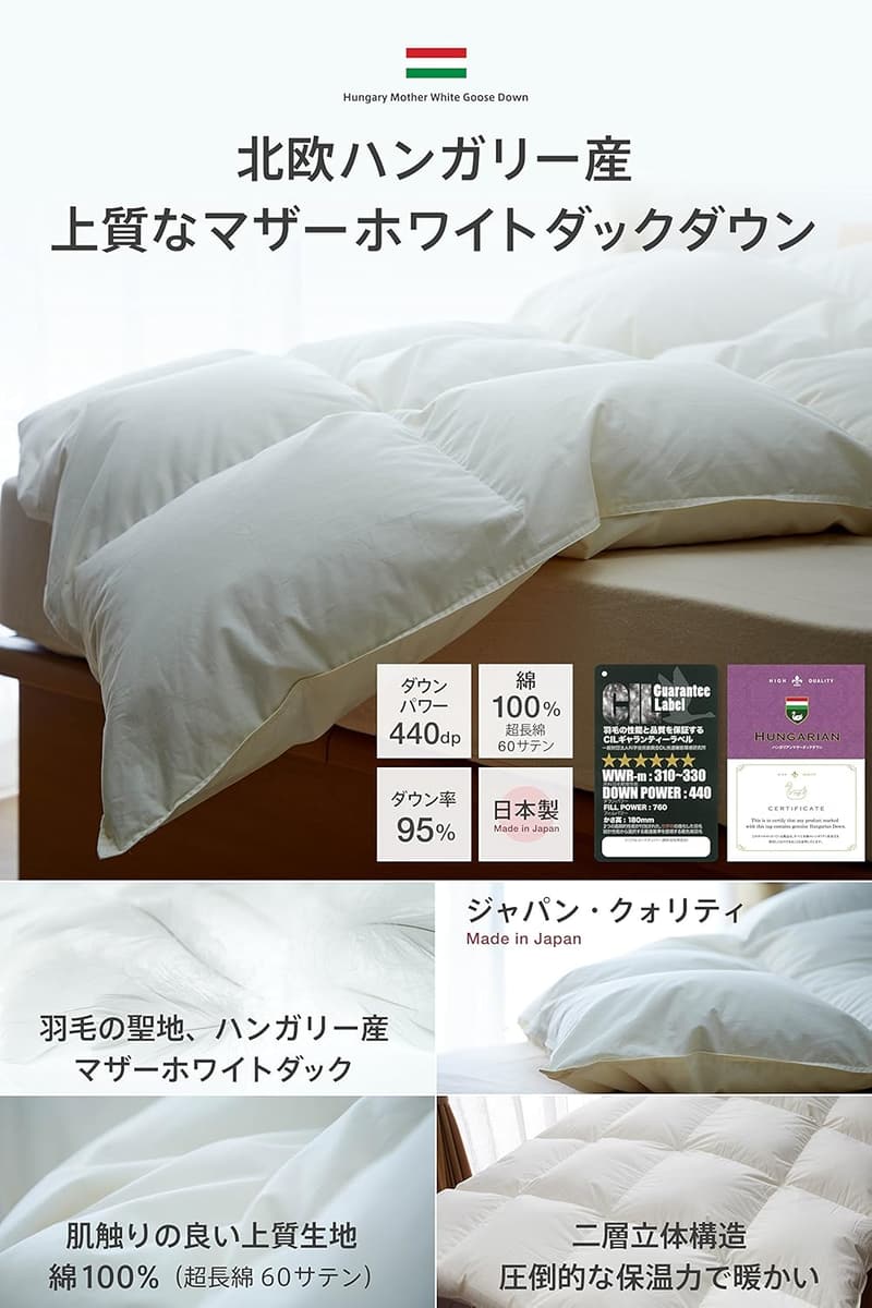 ハンガリー産マザーダックダウン95%のダブル掛け布団（国産・ツインキルト・超長綿）