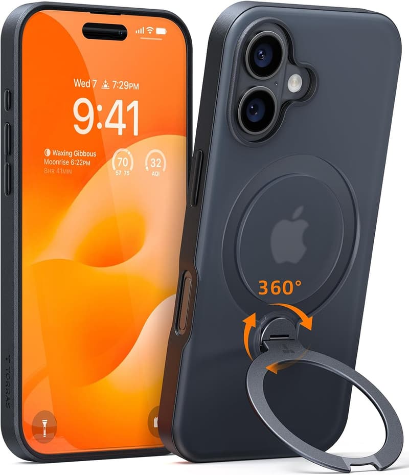 iPhone 16用耐衝撃ケース｜米軍規格・360°スタンド・ワイヤレス充電対応・リング付・半透明ブラック