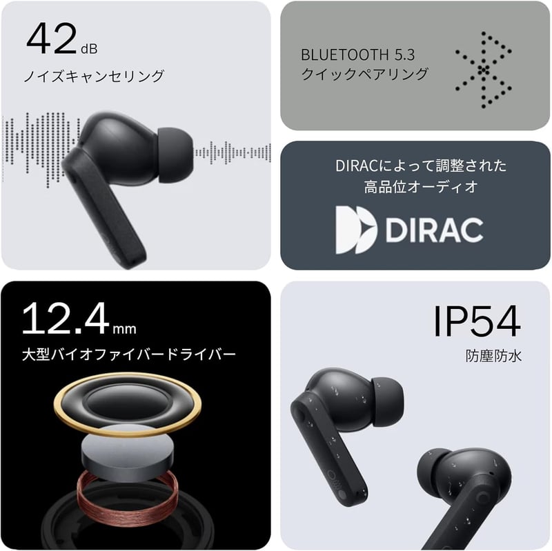 アクティブノイズキャンセリング対応ワイヤレスイヤホン - ダークグレー | IP54防塵防水 | Ultra Bass Technology 2.0