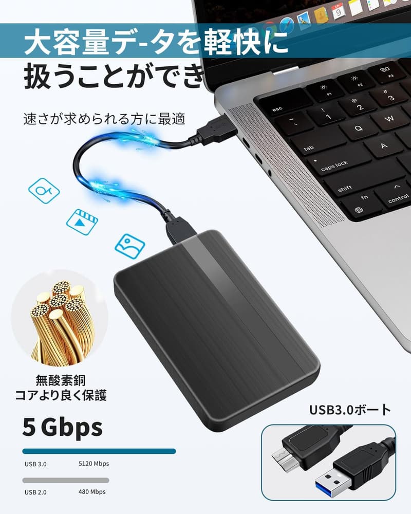 500GB外付けハードディスク USB3.0対応 携帯便利 収納袋付属