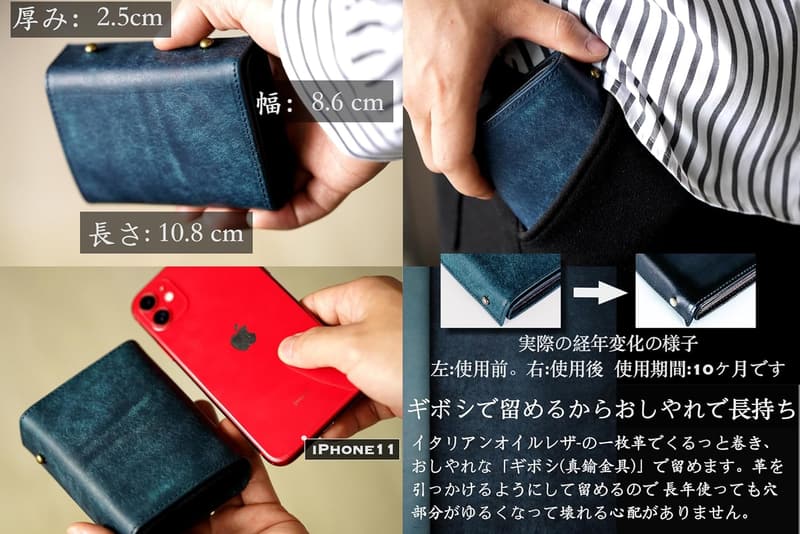 二つ折り財布 メンズ 牛革 イタリアンレザー コンパクト ミニ財布 PUEBLO (ネイビー)