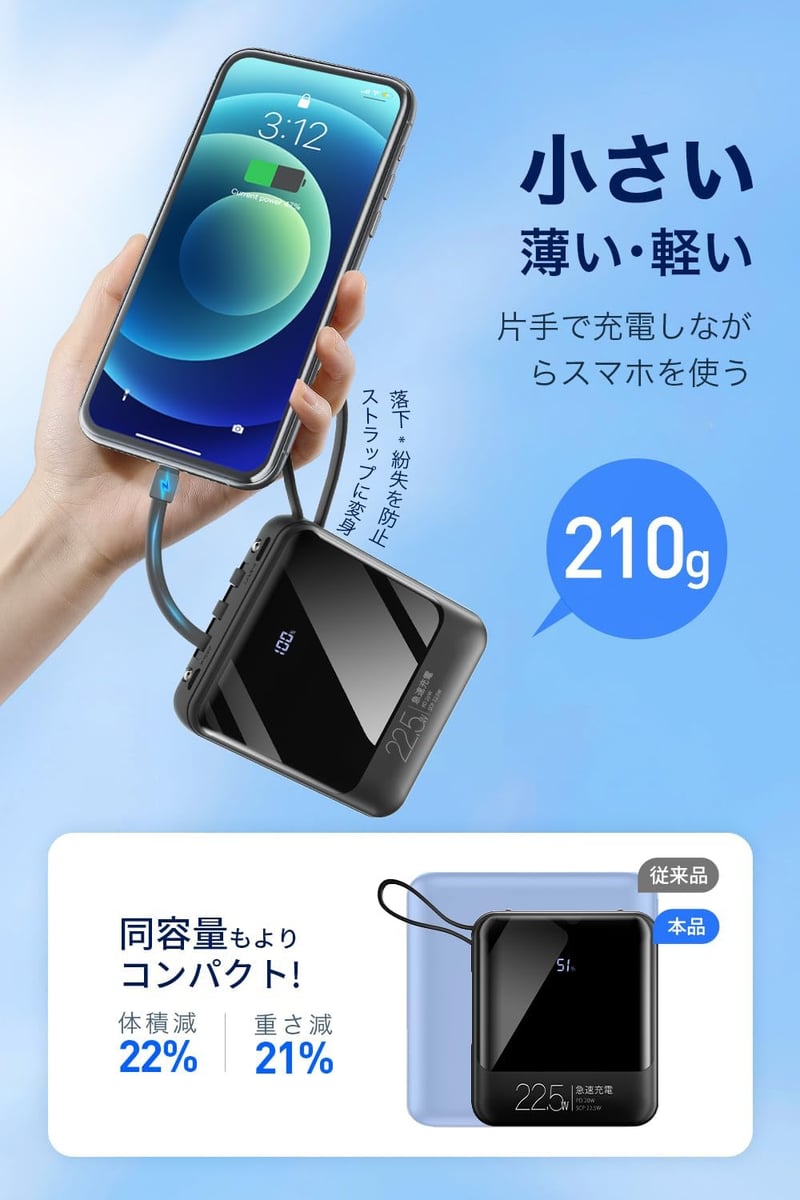 22800mAh 超軽量モバイルバッテリー PD20W急速充電・5台同時充電対応【コンパクト・持ち運び便利】