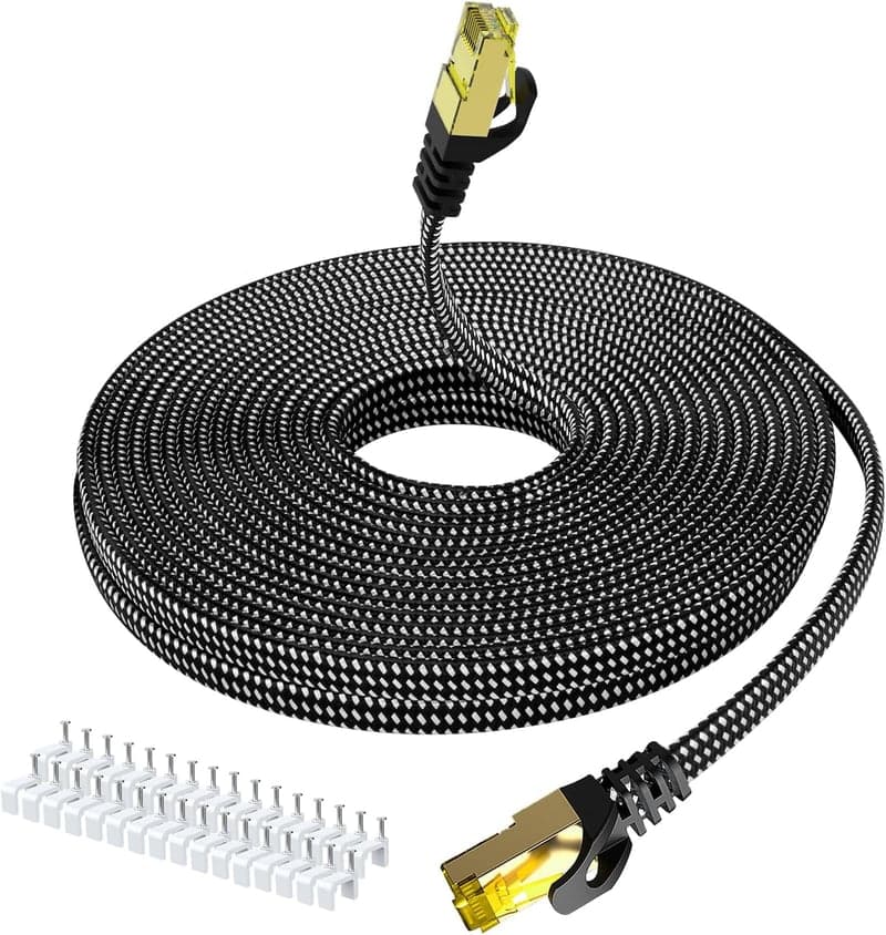 フラットタイプの高速RJ45コネクタ15M Cat8イーサネットケーブル【シールド・折れ防止・留め具30個付き】