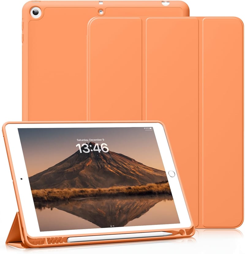 iPad第9世代 ケース 軽量柔らかいシリコン TPU製 オレンジ 自動スリープ機能 3段階折り畳みスタンド付き
