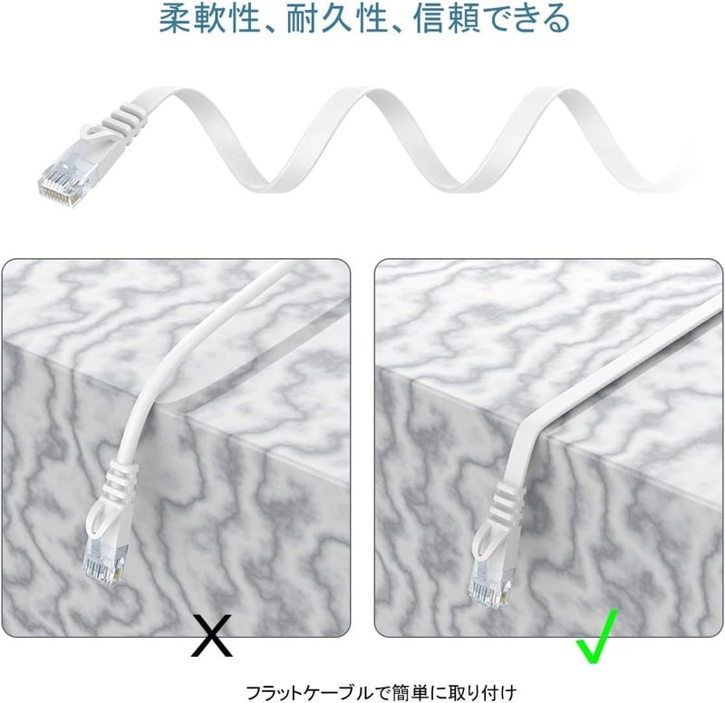 10M フラットタイプ LANケーブル Cat6 ホワイト RJ45 イーサネットケーブル