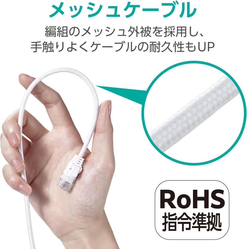 爪折れ防止メッシュケーブル LANケーブル CAT6A 1m ホワイト