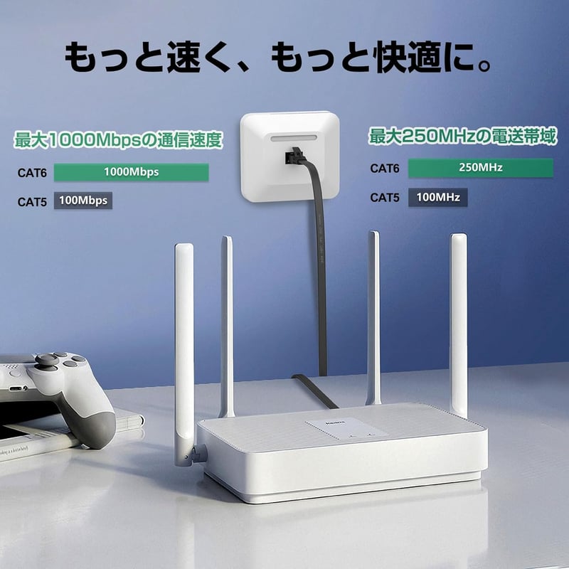 CAT6準拠 15mフラットLANケーブル イーサネットケーブル ブラック