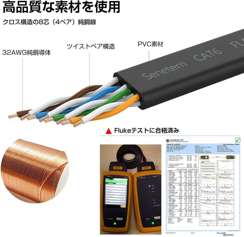 CAT6準拠 15mフラットLANケーブル イーサネットケーブル ブラック