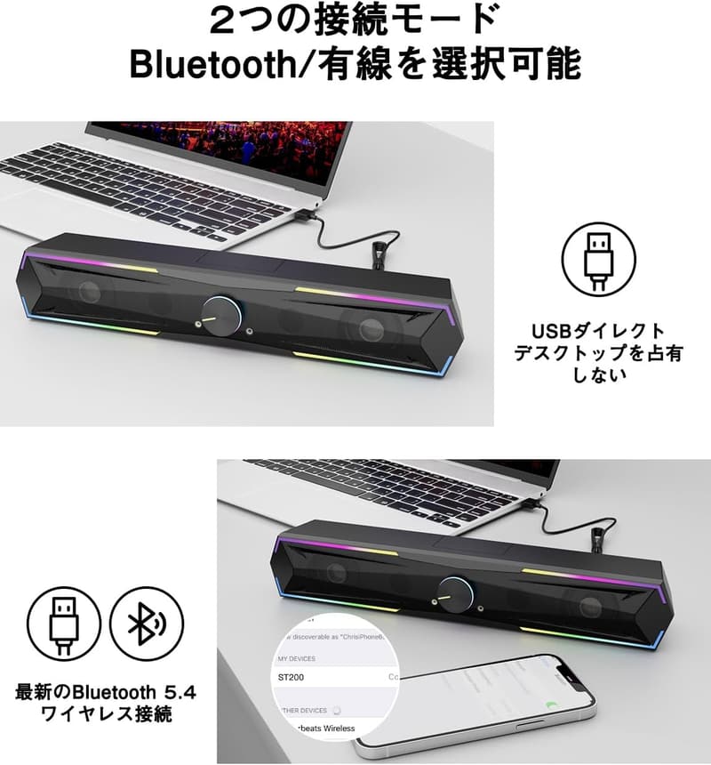 PC用 Bluetooth5.4 RGBスピーカー 10W サウンドバー 大音量&低音強化 USB給電式