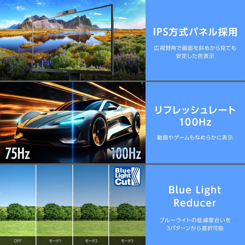 iiyama 23.8インチ フルHD IPSモニター Windows Hello対応カメラ付 高さ・角度調整可能 HDMI/DisplayPort/USBハブ付 3年保証