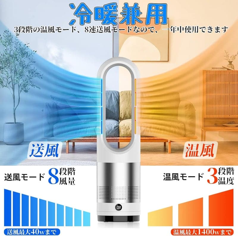 羽根なし扇風機【2025年モデル】DCモーター省エネ冷暖房リビングファン 9Hタイマー・リモコン付き
