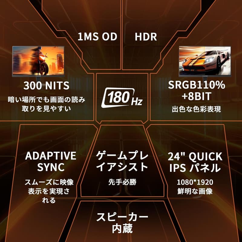ゲーミングモニター 24インチ 180Hz HDR10 内蔵スピーカー FHD VESA対応