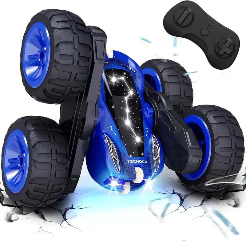 誕生日プレゼントに最適な子供用USB充電式スタントラジコンカー（360度回転・両面走行・4WD）ブルー