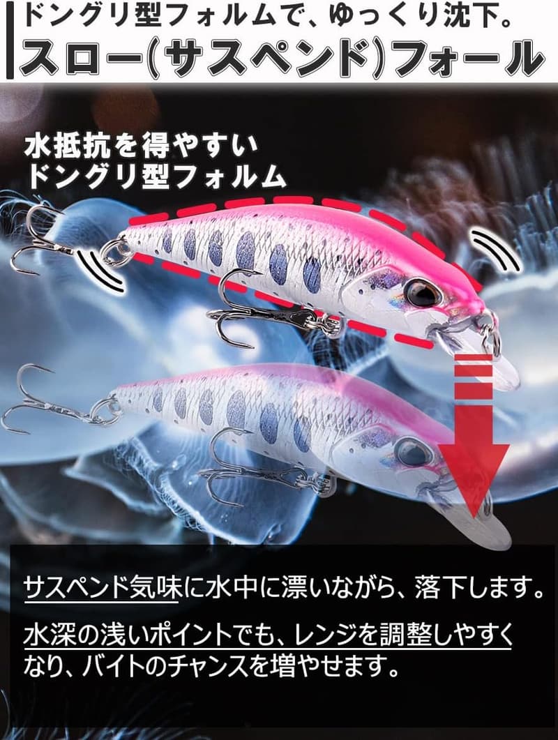 トラウト用スローシンキングミノー5個セット(50mm/3.4g/5カラー)