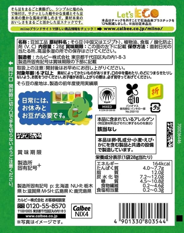 ロカボおつまみ カルビー miiino そら豆しお味 28g (12個セット)