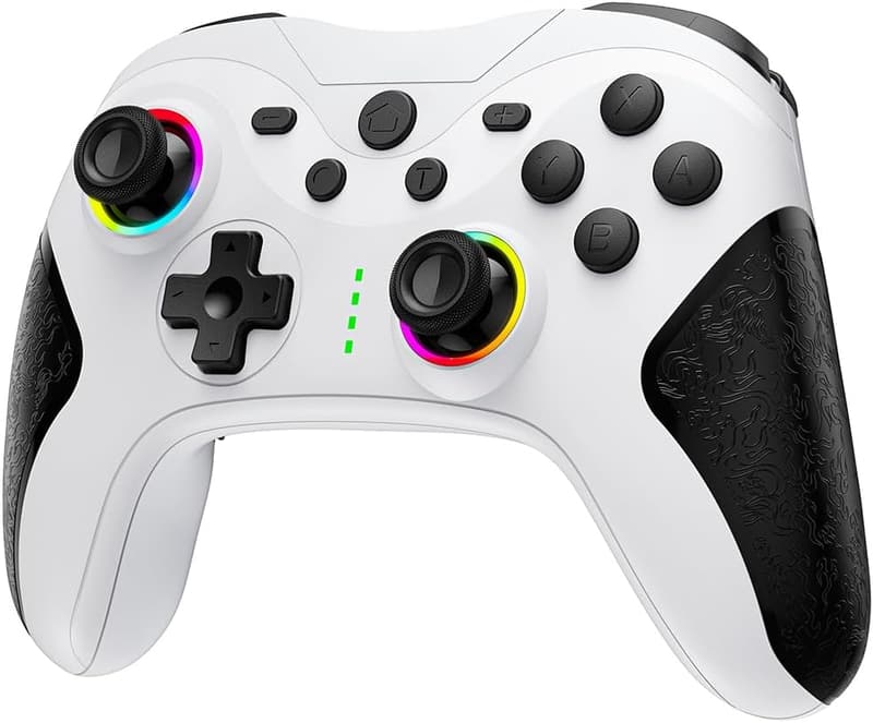 無線スイッチコントローラー 自動連射＆マクロ機能付き 9色RGBライト 高耐久ボタン 20時間使用可 (ブラックホワイト)
