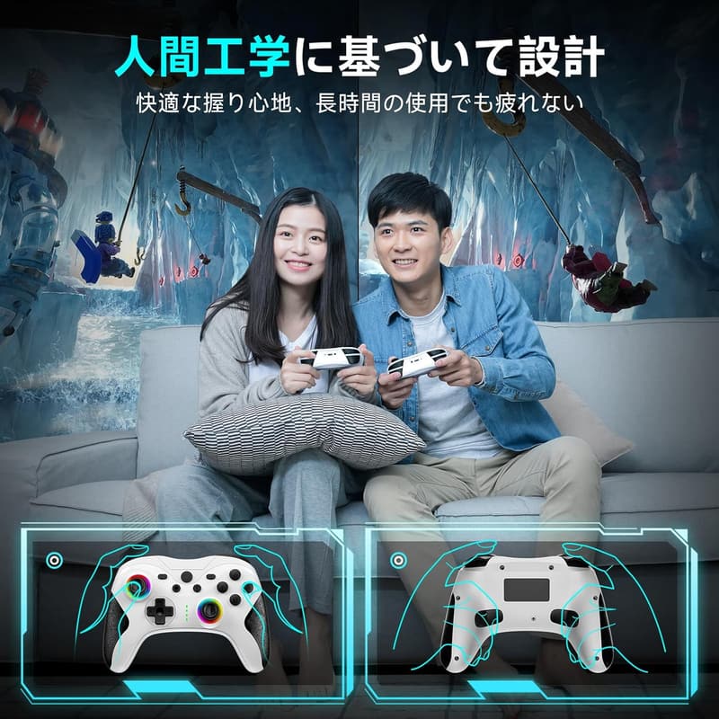 無線スイッチコントローラー 自動連射＆マクロ機能付き 9色RGBライト 高耐久ボタン 20時間使用可 (ブラックホワイト)
