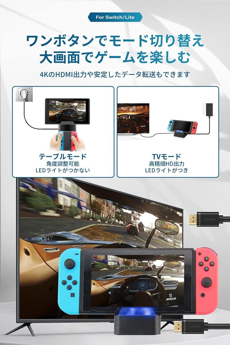 【Switch OLED/Switchドック用 4K対応HDMI充電スタンド】【角度調整・放熱対策・USBポート３つ】