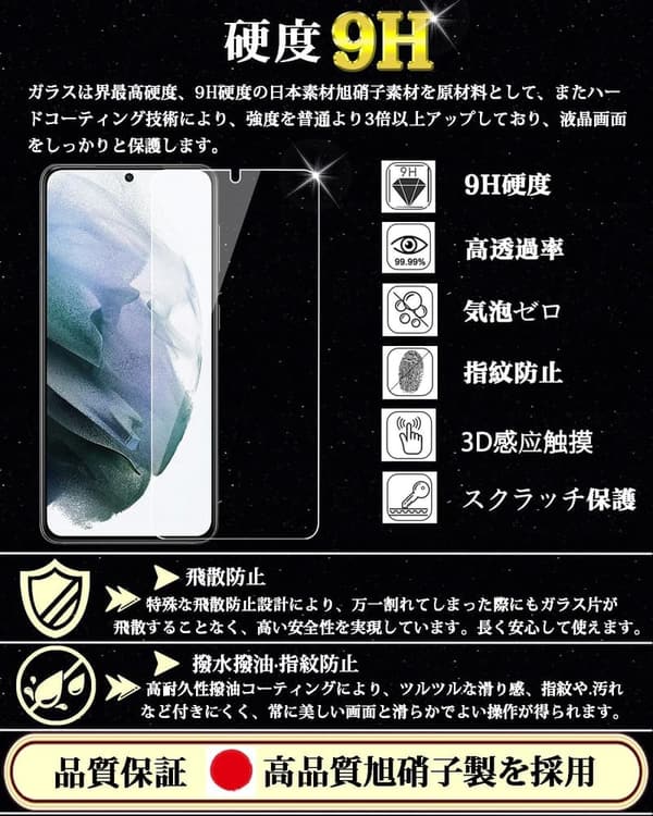 Galaxy S21 強化ガラス保護フィルム 2枚セット 日本旭硝子製 硬度9H 全面保護 指紋・キズ・気泡防止