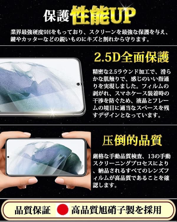 Galaxy S21 強化ガラス保護フィルム 2枚セット 日本旭硝子製 硬度9H 全面保護 指紋・キズ・気泡防止