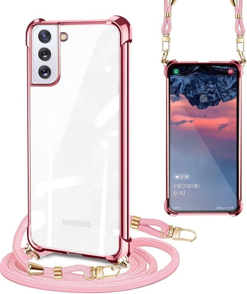 Galaxy S21用 クリア ショルダーストラップ付きケース 軽量 耐衝撃 薄型 (ローズゴールド)