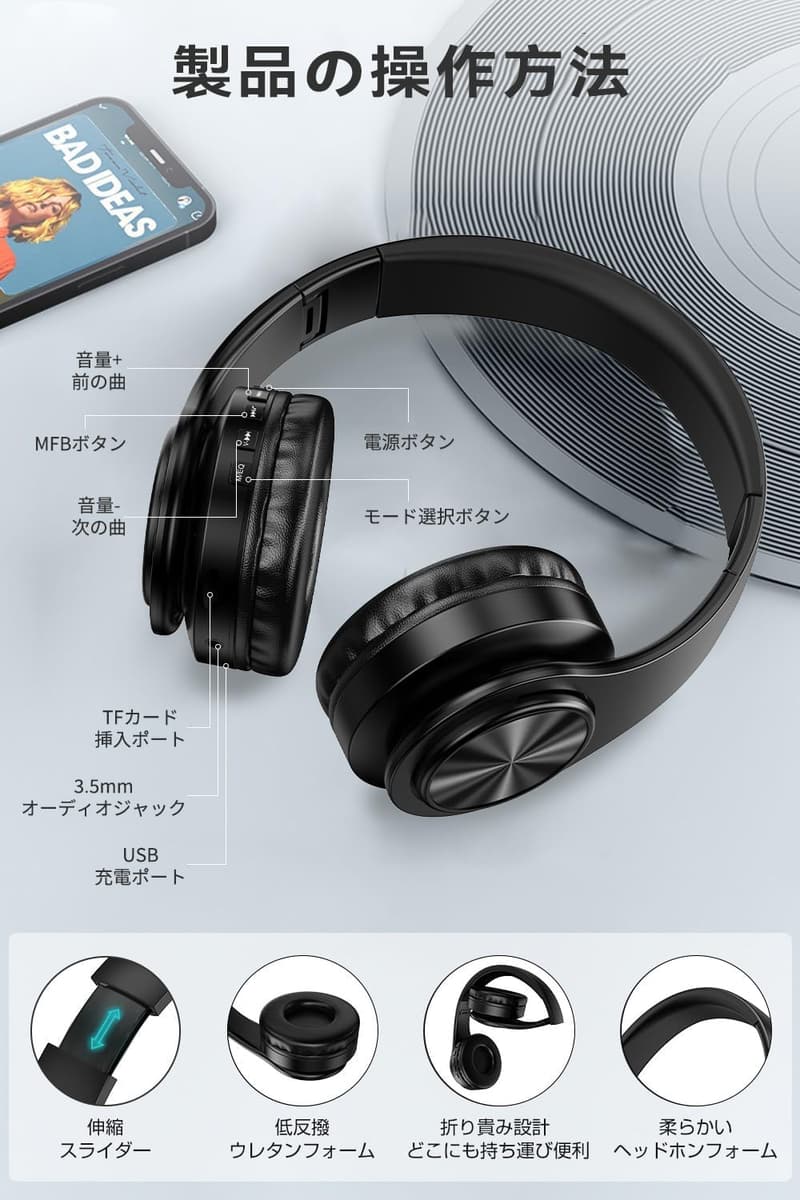 【Bluetooth5.3搭載】【CVC8.0ノイズキャンセリング】NAZUSA ワイヤレスヘッドホン 最大38時間再生 軽量・折りたたみ式 男女兼用