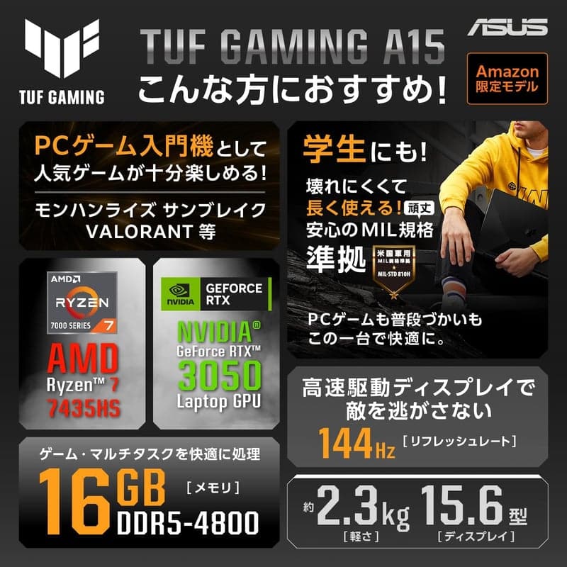ASUS TUF Gaming A15 FA506NCR ゲーミングノートPC 15.6インチ RTX 3050 Ryzen 7 16GB SSD 512GB RGBキーボード Windows 11 144Hz