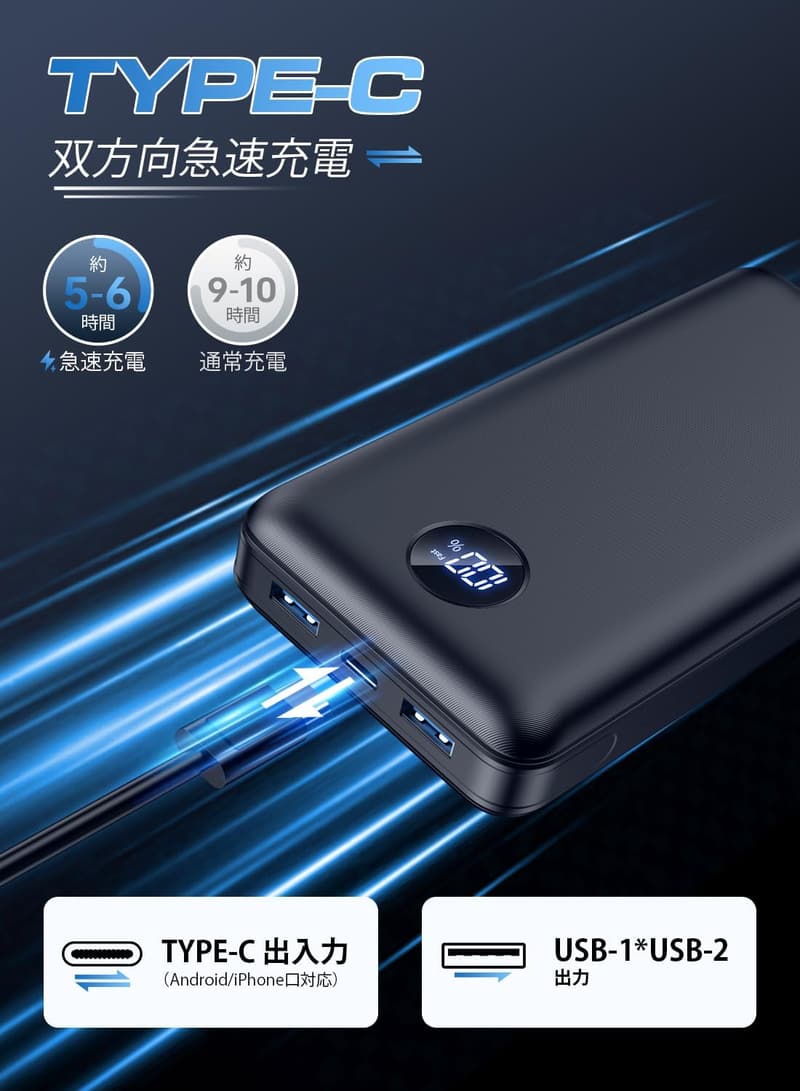 大容量モバイルバッテリー 40000mAh 急速充電 3台同時充電対応 軽量・薄型 (ブラック)