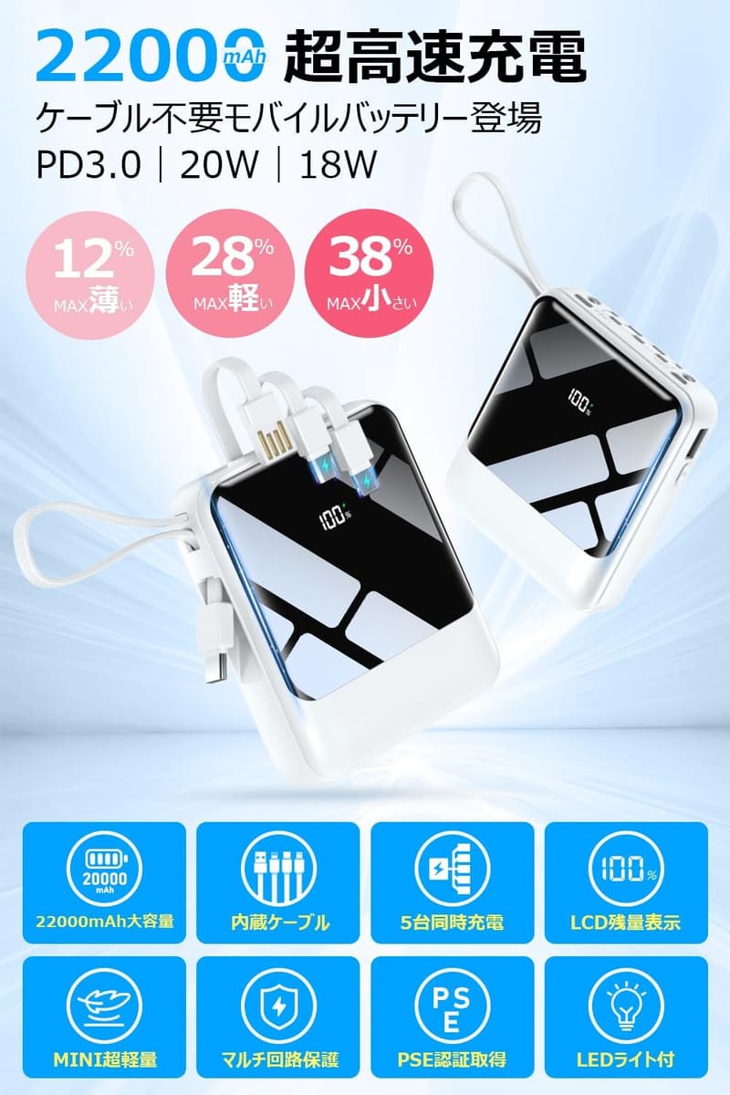 超軽量22000mAhモバイルバッテリー 急速充電・4本ケーブル内蔵・PSE認証 (ホワイト)