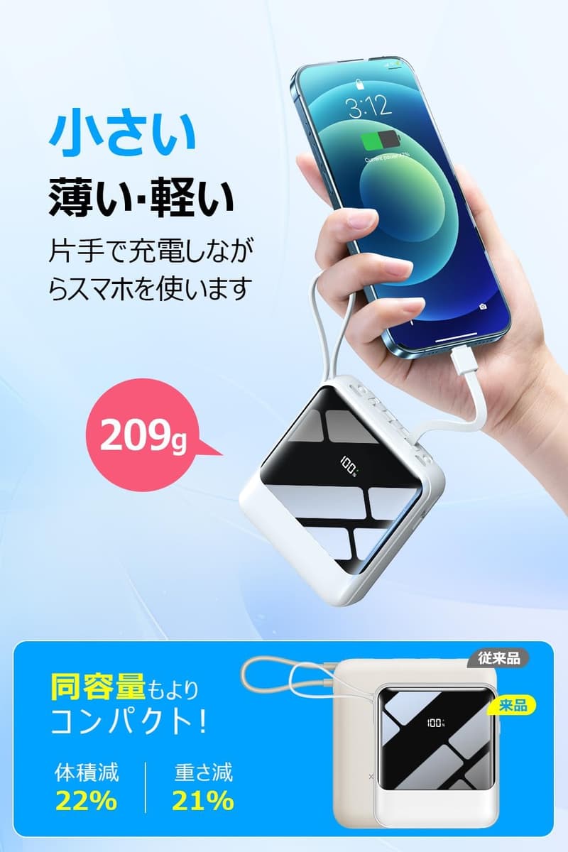 超軽量22000mAhモバイルバッテリー 急速充電・4本ケーブル内蔵・PSE認証 (ホワイト)