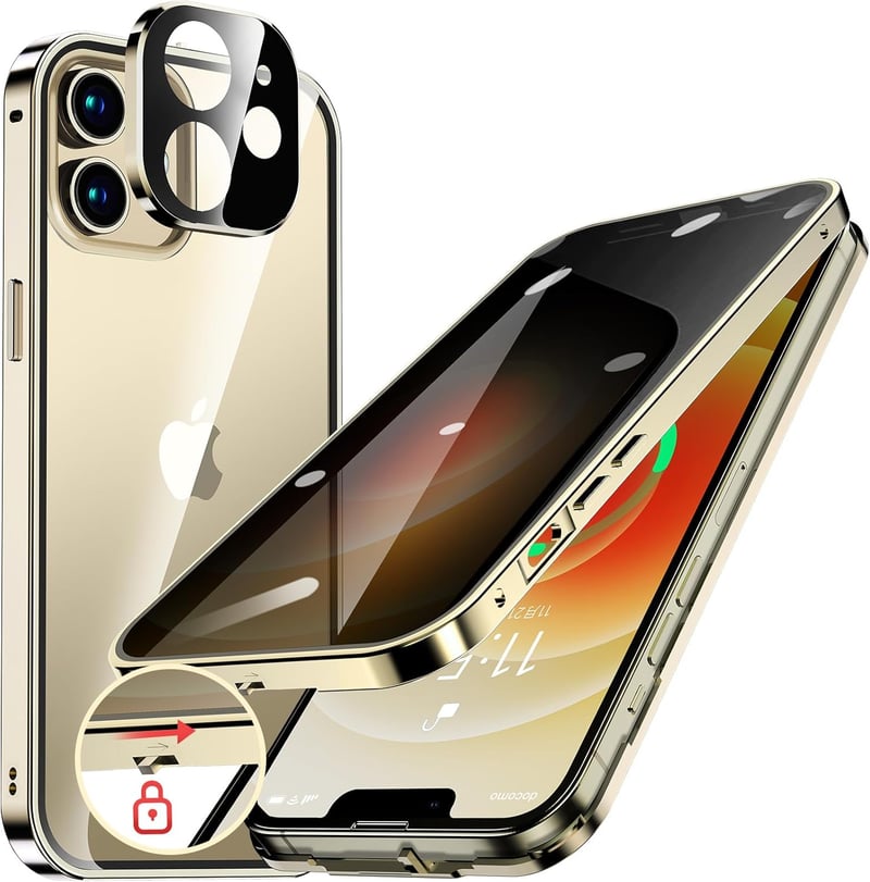 iPhone 12用 自動ポップアップボタン付き ケース ゴールド 9H強化ガラス 耐衝撃 メタルバンパー ワイヤレス充電対応