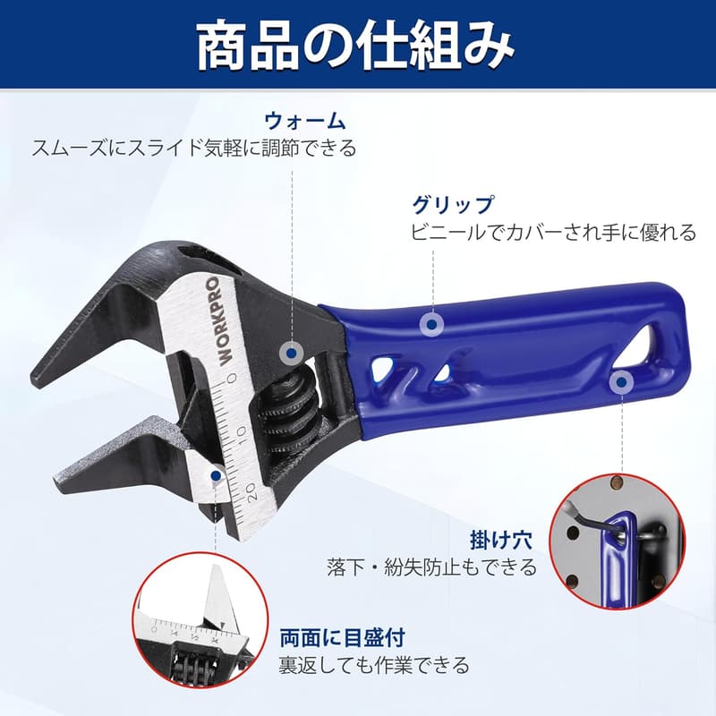 【調整可能】WORKPRO モンキーレンチ 120mm 水道管・配管用 最大開口24mm