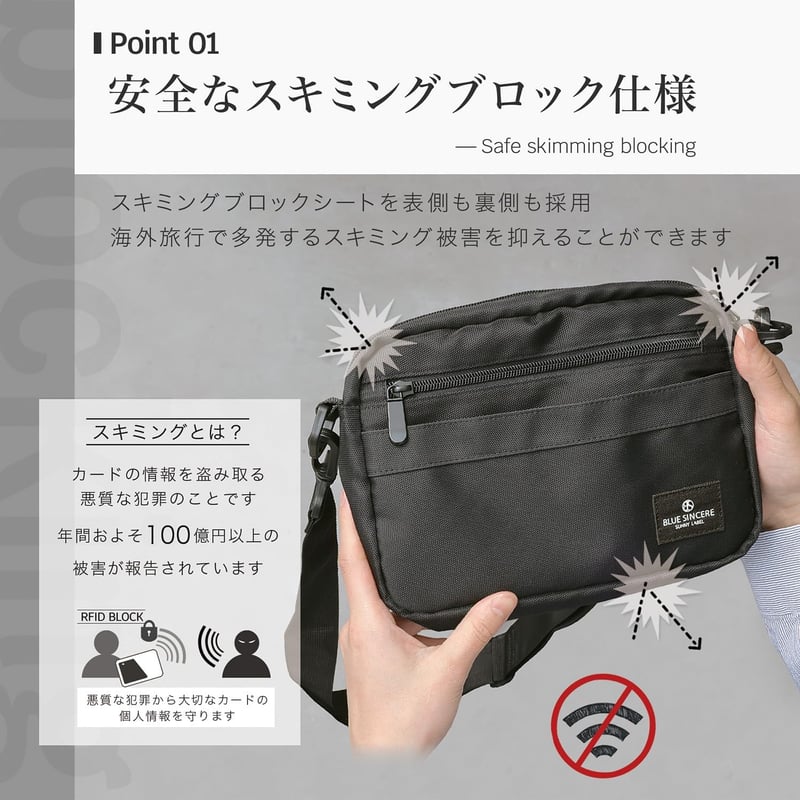 撥水軽量ブルーシンシア メンズショルダーバッグ RFIDスキミング防止 7ポケット