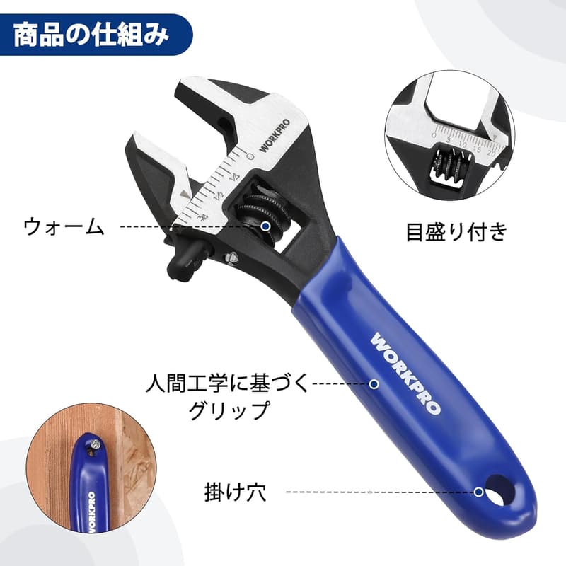 WORKPRO モンキーレンチ ミニサイズ 調整可能 最大口幅20mm 軽量 配管修理用