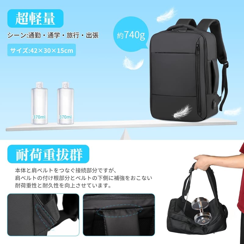 ビジネスリュック メンズ 大容量 防水 USB充電ポート付き 15.6インチ対応 通勤・出張用（ブラック）